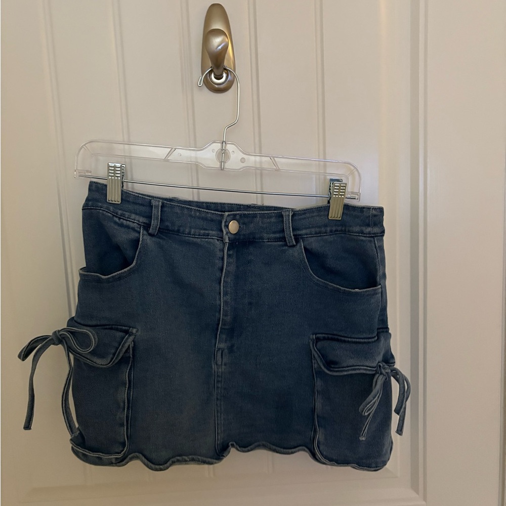 Blue Blush Denim Mini Skirt with Side Pockets & bows
